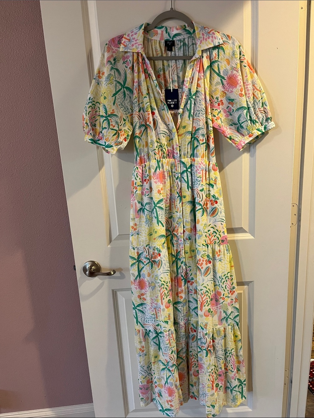 Roller Rabbit Pastel Floral Tiered Maxi Dress in White, Pink, Green, Yellow